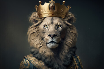 Portrait of a lion with a crown dressed in a formal business suit, lion king, generative ai