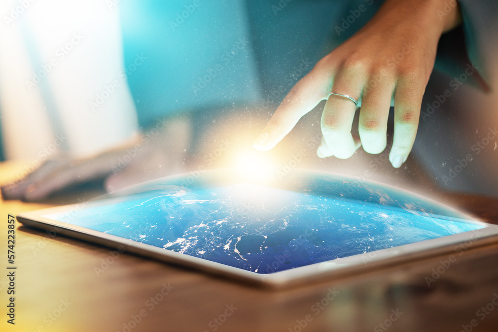 Aufkleber tablet, hands and earth hologram at office in night, hand typing, planning or schedule with technolo