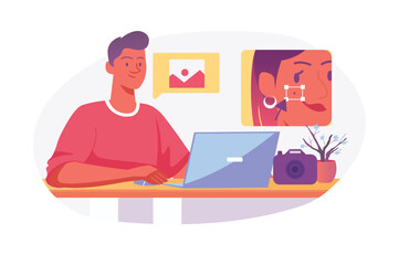 Asian concept Photo studio with people scene in the flat cartoon style. Photographer edits client's photo in his studio. Vector illustration.