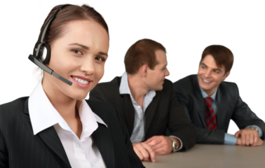 Businesswoman with Headset and Talking Collaborators in Background - Isolated