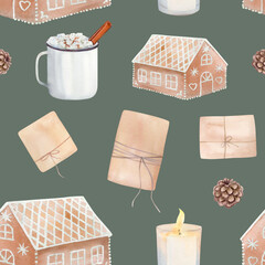 Hand - drawn watercolor winter seamless pattern with gingerbread house