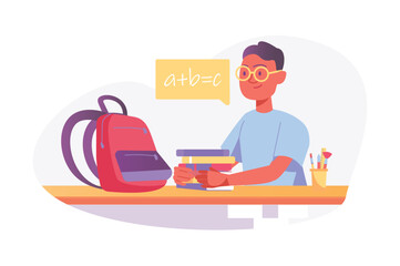 Back to school Asian concept with people scene in the flat cartoon design. Student packs a book into a briefcase to go to school after the summer vacation. Vector illustration.