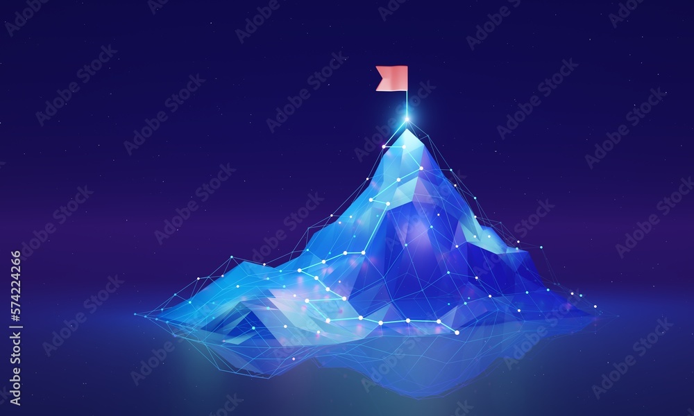Poster digital success 3d concept, mountainous terrain with a path leading upward towards a peak, symbolizi
