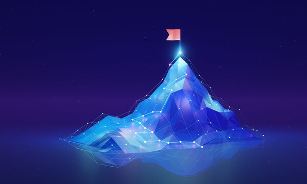 Digital success 3D concept, mountainous terrain with a path leading upward towards a peak, symbolizing the challenges of development and progress. At the top, an achievement flag waves in the air.