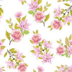 floral ornament with lily and roses illustration seamless pattern