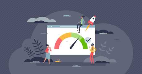 Page speed and fast website data exchange optimization tiny person concept. Effective browser content download with mbps analytics vector illustration. Digital online website connection measurement.