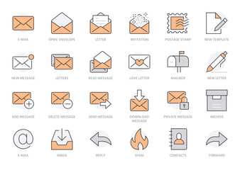 Email line icons set. Letter, spam mail, open envelope, postage stamp, mailbox, new document minimal vector illustrations. Simple flat outline signs for web. Orange color. Editable Stroke