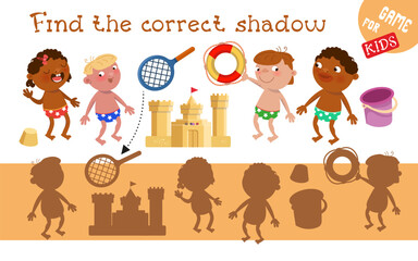 Find the correct shadow. Puzzle for children. Activity, vector illustration. Children at beach in summer. Sandcastle. 