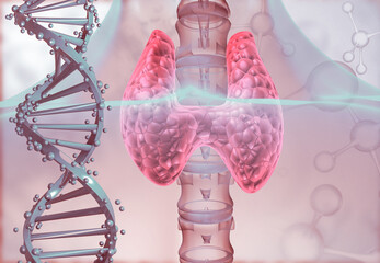 Thyroid gland anatomy. DNA strand scientific background. 3d illustration. - obrazy, fototapety, plakaty