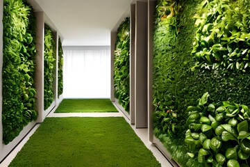 Futuristic indoors with vertical farm on walls. Generative AI