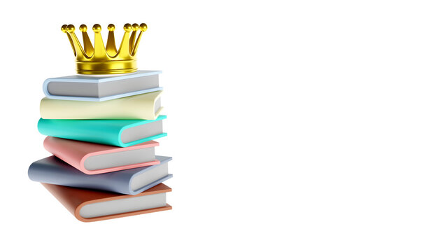 Pile of color books with a golden crown on white background, 3D rendering