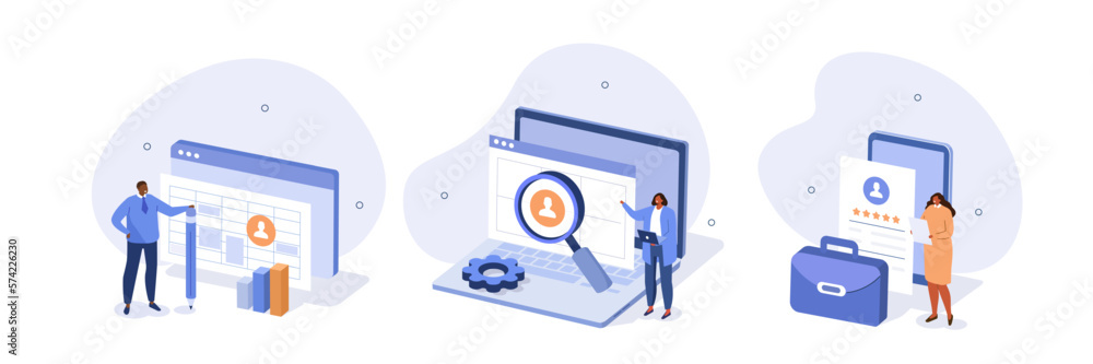 Aufkleber business illustration set. characters creating strategy to increase productivity and quality of work