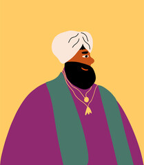 Portrait Indian man in turban, national clothes. Colored flat graphic vector illustration of Asian man isolated on yellow background.