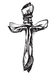 Cross line drawing. Sketch of a decorative cross. Vector illustration. Religious symbol