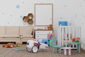 Empty frame mockup in baby kid room with doll and toy, nursery children room, 3D rendering. - obrazy, fototapety, plakaty