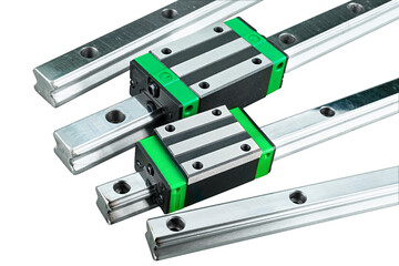 linear guide rail with sliding block isolated on white background. CNC milling or lathe machine part component concept - obrazy, fototapety, plakaty
