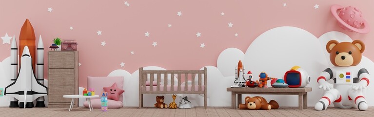 Baby kid room wall rocket planet space adventure, doll and toy, Template Horizontal Banner header Website, 3D render. - 574226460