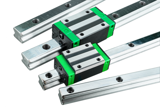 linear guide rail with sliding block isolated on white background. CNC milling or lathe machine part component concept