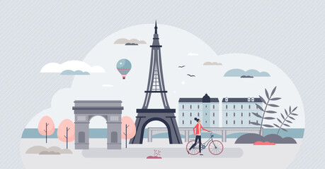 Paris as France capital with famous Eiffel tower and Triumphal arc tiny person concept. Urban European destination for tourists and vacation trip vector illustration. French metropolitan landmark.