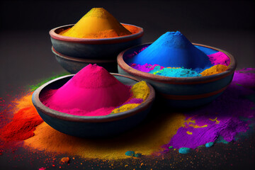 vessels with gual or colored powder used in Holi festival, generative ai