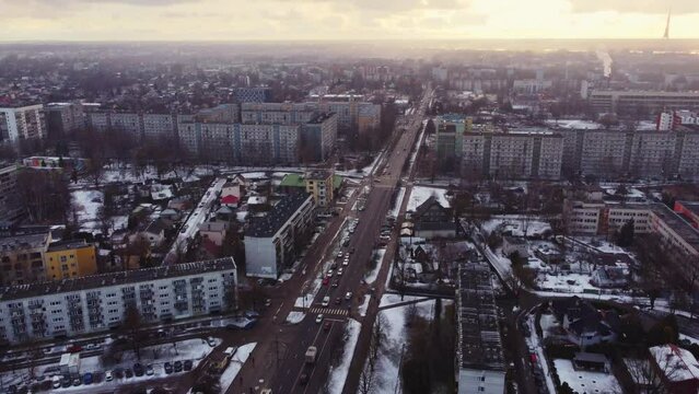 Post soviet town with socialist soviet panel building (plattenbau) on cloudy day