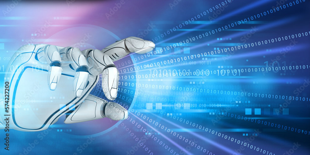 Poster robotic hand in binary background. artificial intelligence robot. 3d illustration.
