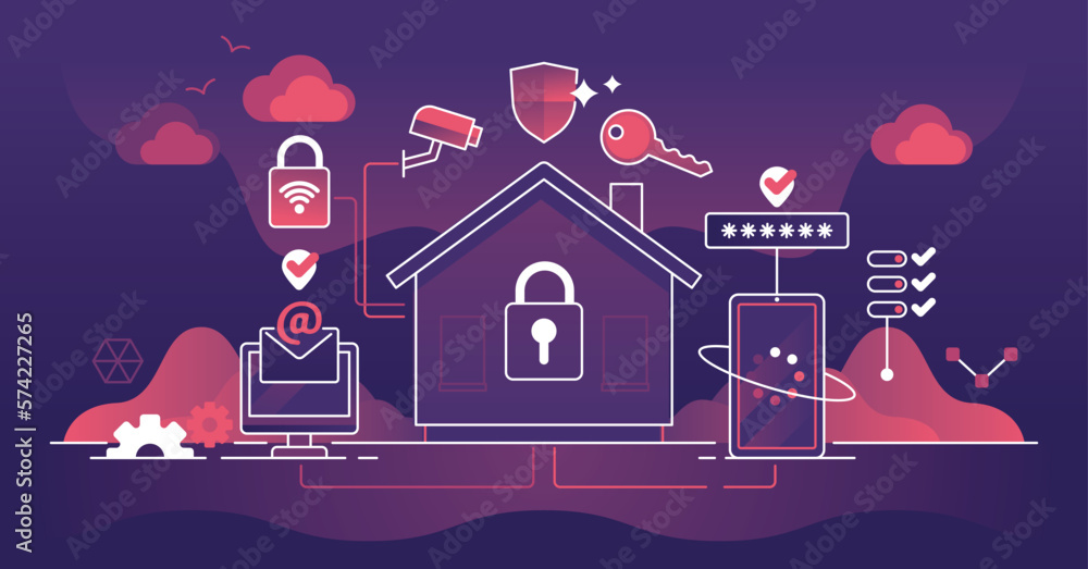Poster smart home security using remote camera protection dark outline concept. autonomous technology usage