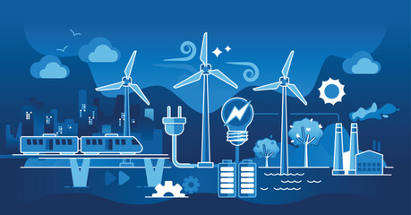 Clean energy usage for sustainable urban transportation and infrastructure dark outline concept. Ecological method with electricity production from solar panels and wind turbines vector illustration.