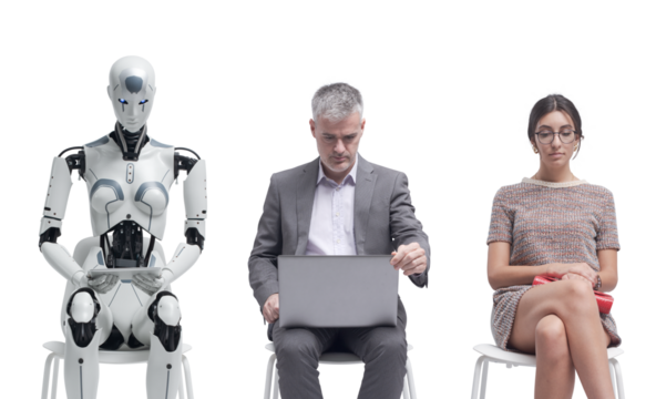 Business people and humanoid robot waiting for a job interview