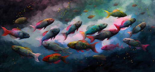 Fototapeta na wymiar Flying Fishes in the Water. Fantasy Wonderland Vintage Illustration. Generativ AI
