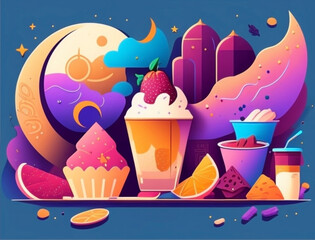 Ramadan background with iftar food and drink and soft color