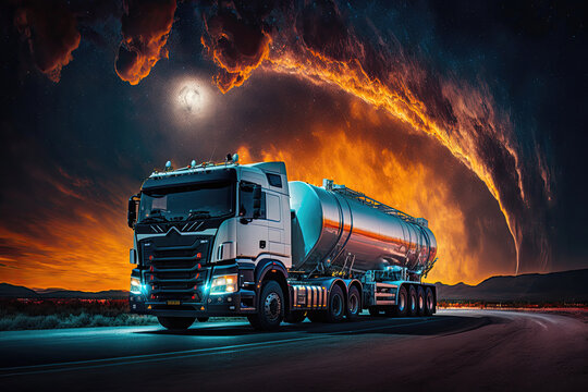 Tanker gas truck delivering fuel at service station. Generative AI