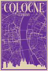 Purple hand-drawn framed poster of the downtown COLOGNE, GERMANY with highlighted vintage city skyline and lettering