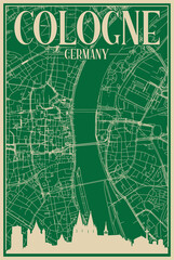 Green hand-drawn framed poster of the downtown COLOGNE, GERMANY with highlighted vintage city skyline and lettering