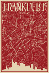 Red hand-drawn framed poster of the downtown FRANKFURT, GERMANY with highlighted vintage city skyline and lettering