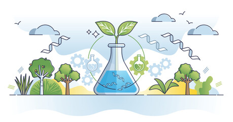 Biotech science as biology and technological innovations outline concept. New material research and development using nature cellular characteristics and plant strength properties vector illustration