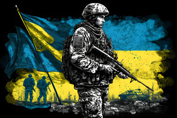 Ukrainian War Soldier resting, Ukraine Flag in Background - Illustration Design