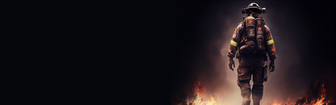 Fireman wearing firefighter turnouts and helmet. Dark background with smoke and blue light created with Generative Ai.