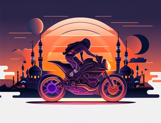 Ramadan illustration with beautiful woman on the motorcycle with soft color