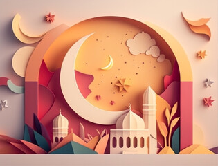 Fototapeta premium Ramadan illustration with beautiful papercut moon in the night with soft color