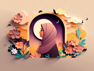 Ramadan illustration with beautiful papercut moon in the night with soft color