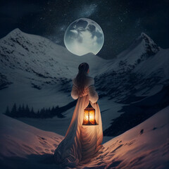 A girl holding a lantern in mountains on the moon night