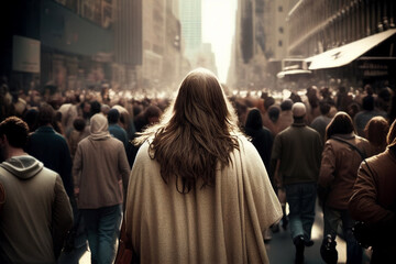 Jesus walking in a modern city with back view among the crowds. Generative AI illustration