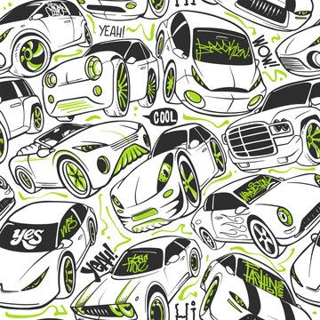 Seamless pattern with handwritten cars. Vector illustration.