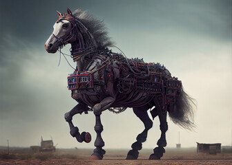 Warrior horse against a beautiful sunset landscape. Generative AI.