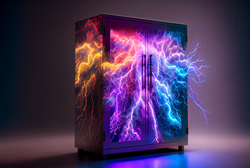Drawing of multicolored lightning,power explosion cabinet,black background. Generative AI.
