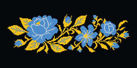 Realistic Cross-Stitch Embroideried Composition with Roses. Ethnic Floral Motif, Handmade Stylization. Traditional Ukrainian Yellow and Blue Embroidery. Ethnic Design Element. Vector 3d Illustration - obrazy, fototapety, plakaty