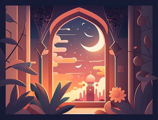 Ramadan illustration with beautiful window in the night with soft color