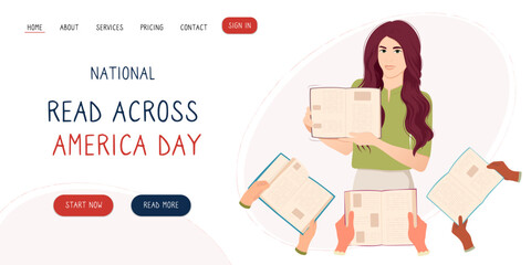 Woman showing a book and multiracial hands with books. Reading with the teacher. Read across America day. Book blogger. Reading together live.