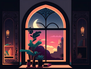 Ramadan illustration with beautiful window in the night with soft color